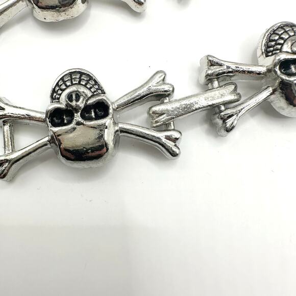 Skull Crossbones Bracelet Silver tone black link Set of 2 Biker Punk Steampunk - Picture 2 of 8